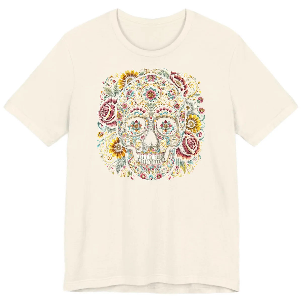 Intricate Floral Calavera Skull Premium T-Shirt in Natural