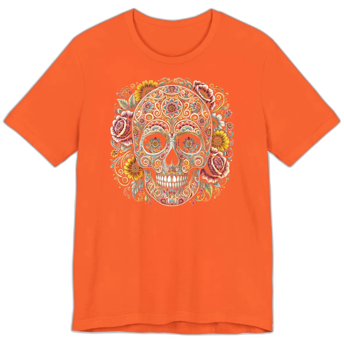 Intricate Floral Calavera Skull Premium T-Shirt in Orange