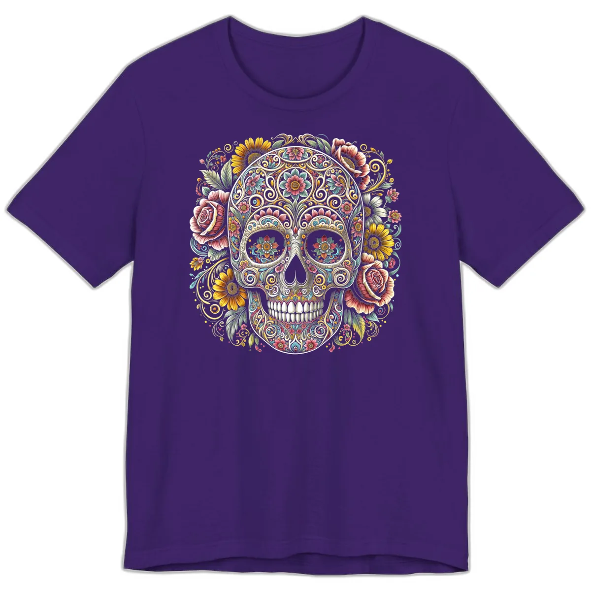 Intricate Floral Calavera Skull Premium T-Shirt in Team Purple