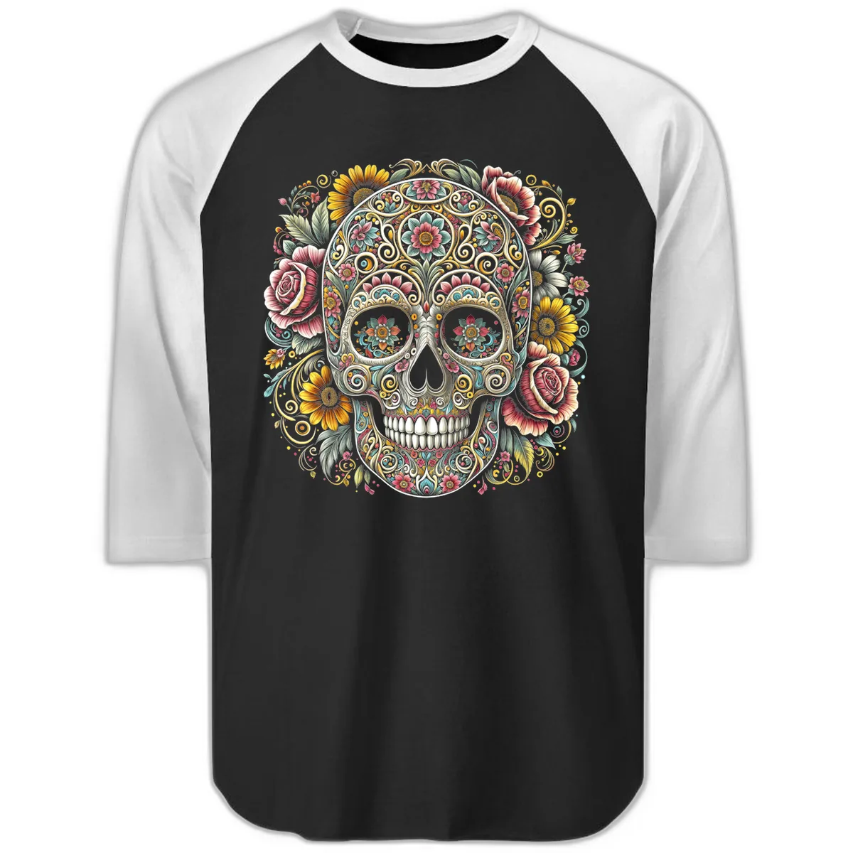Intricate Floral Calavera Skull Raglan 3/4 in Black White