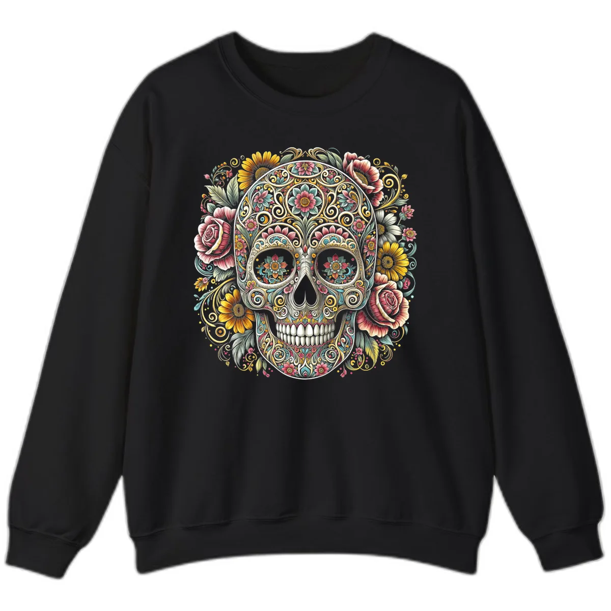 Intricate Floral Calavera Skull Sweatshirt in Black