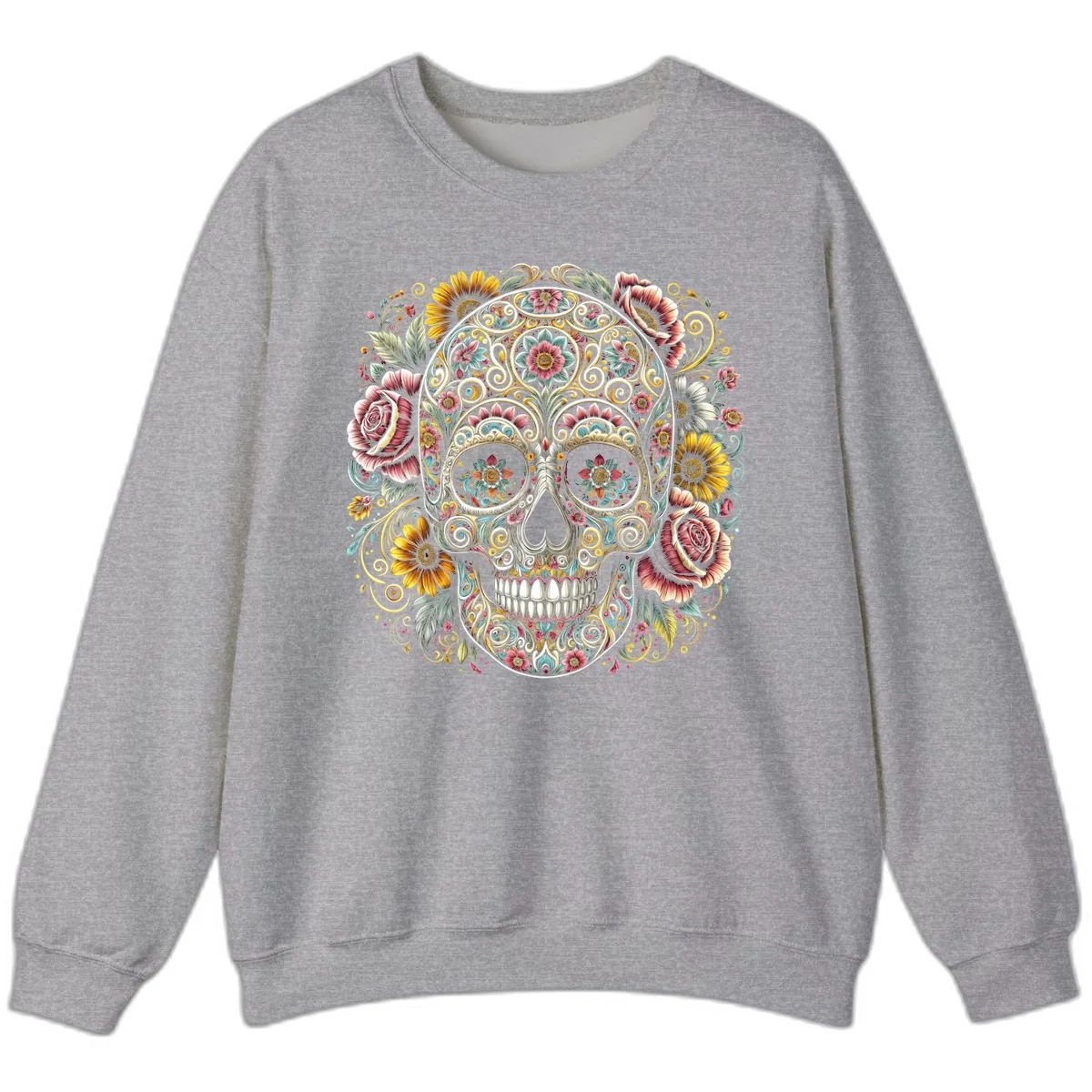 Intricate Floral Calavera Skull Sweatshirt in Sport Grey
