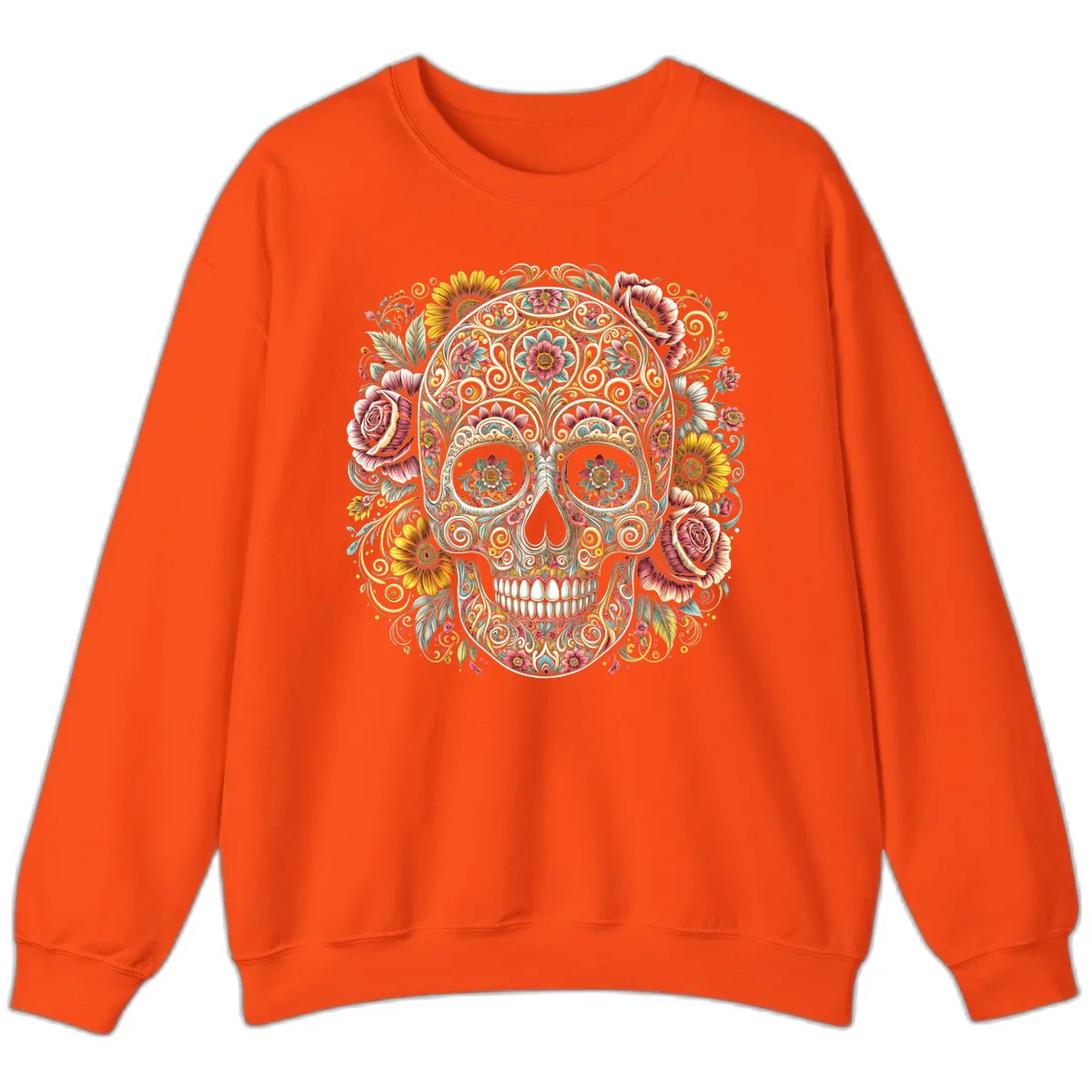 Intricate Floral Calavera Skull Sweatshirt in Orange