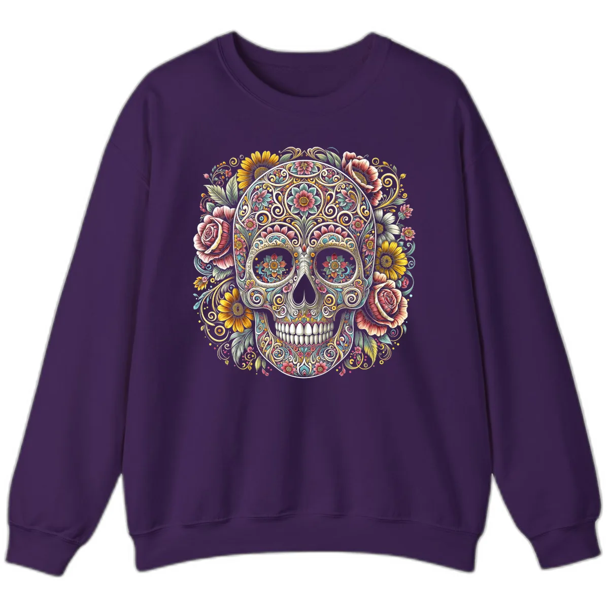 Intricate Floral Calavera Skull Sweatshirt in Purple