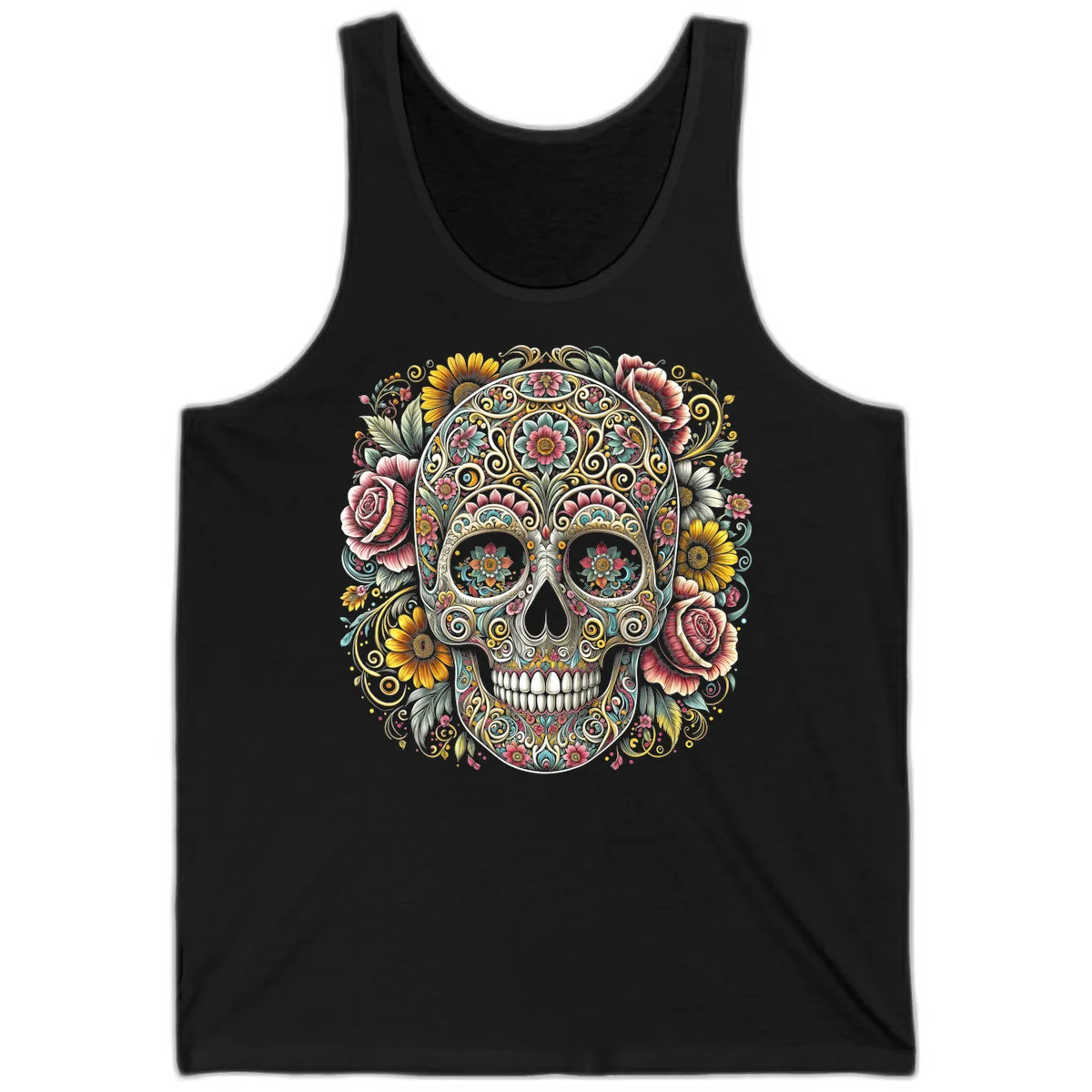 Intricate Floral Calavera Skull Tank in Black