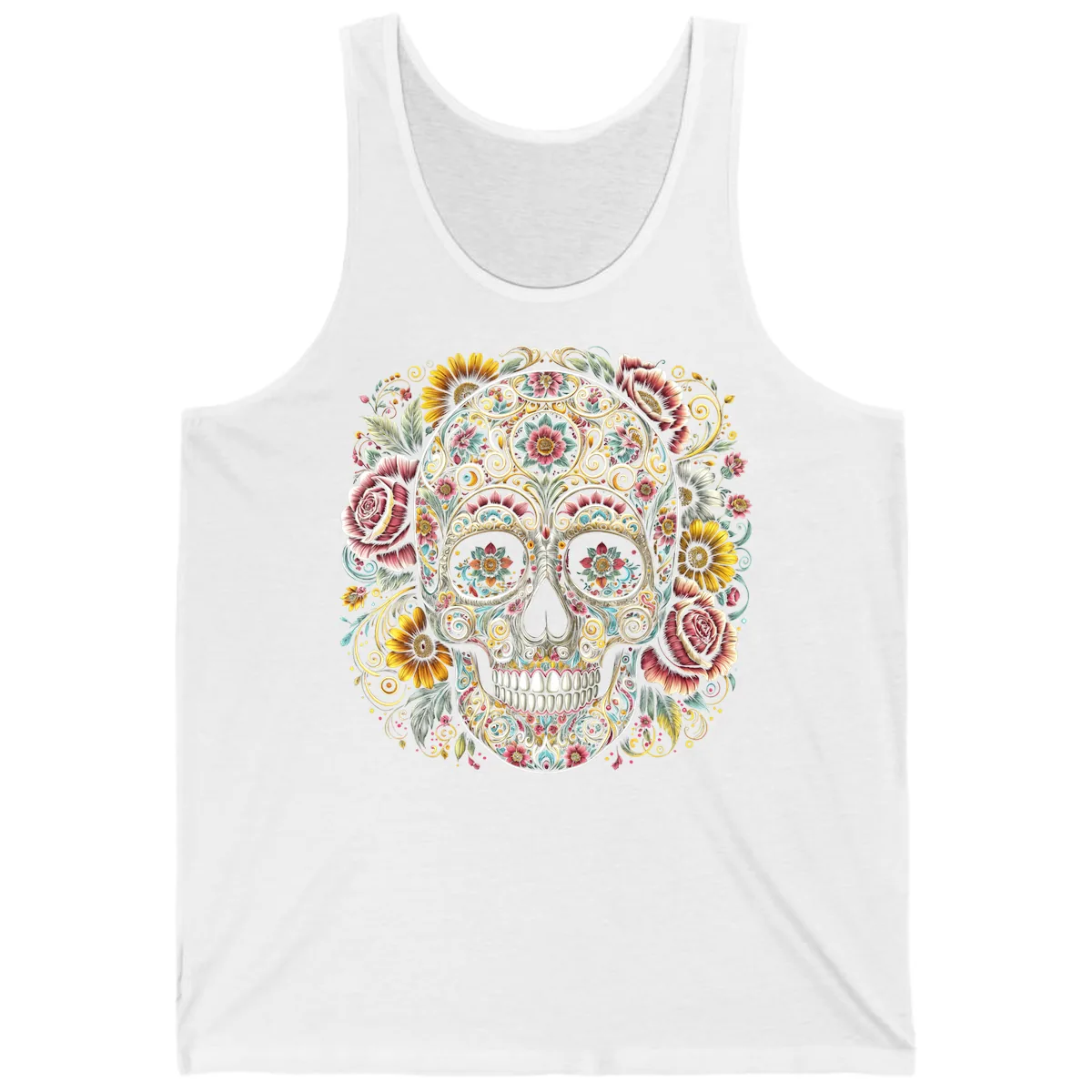 Intricate Floral Calavera Skull Tank in White