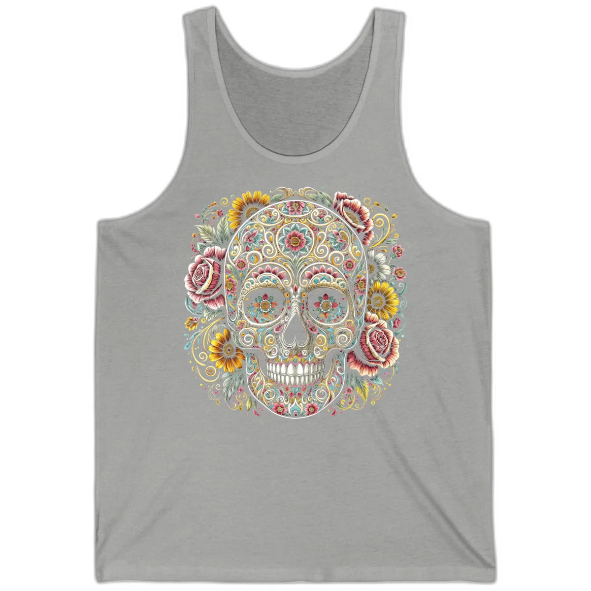 Intricate Floral Calavera Skull Tank in Athletic Heather