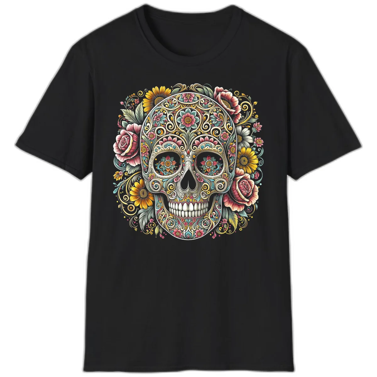 Intricate Floral Calavera Skull T-Shirt in Black