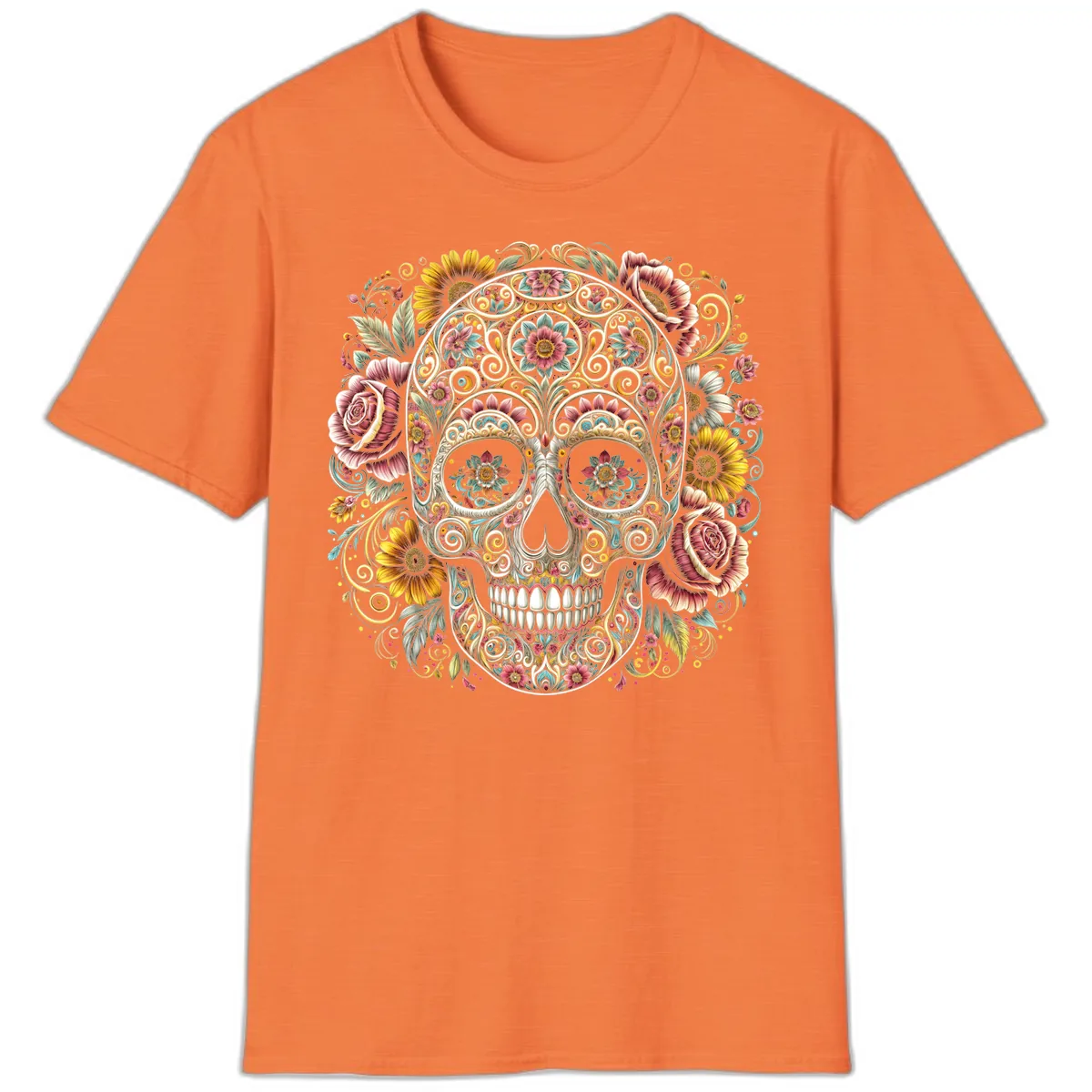 Intricate Floral Calavera Skull T-Shirt in Heather Orange