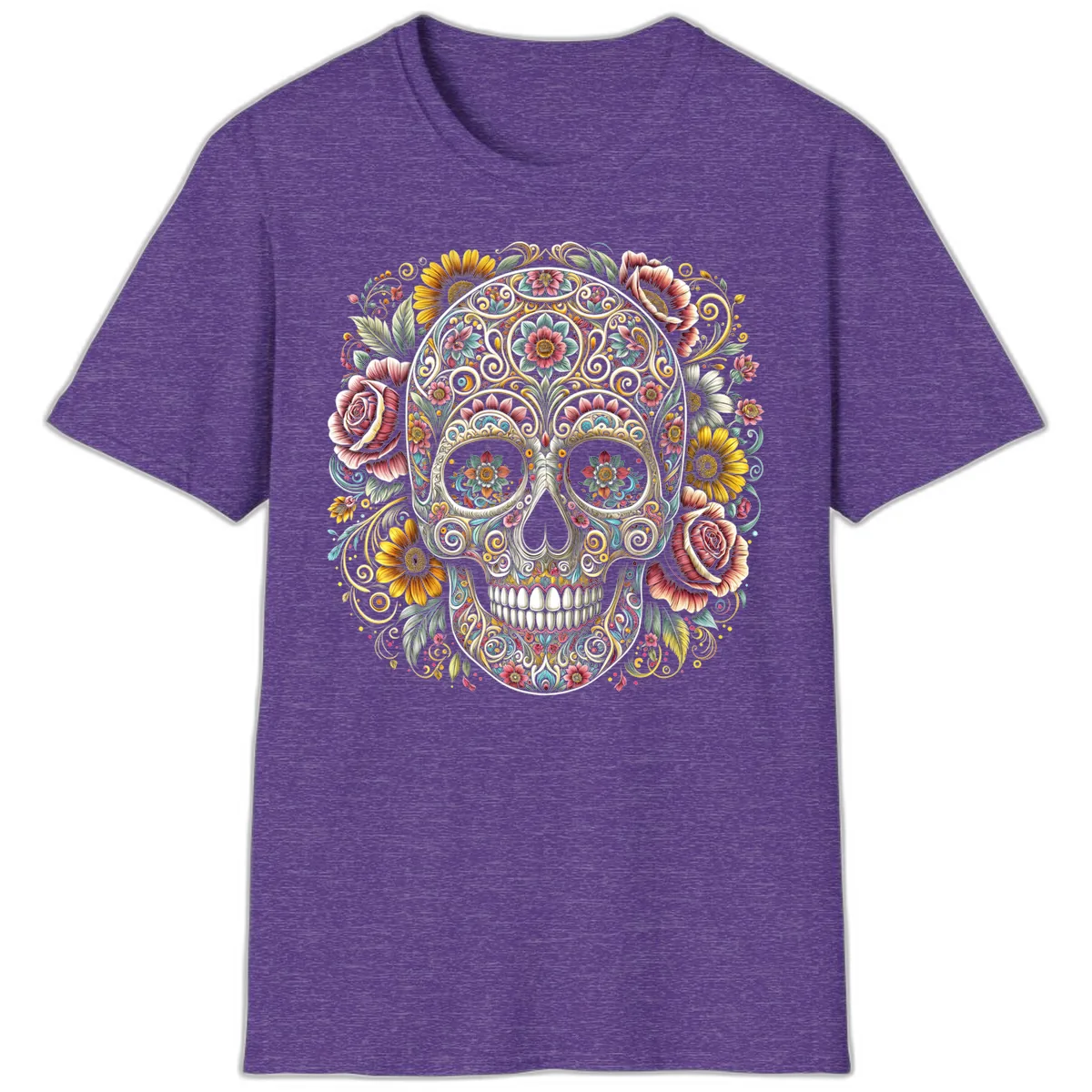 Intricate Floral Calavera Skull T-Shirt in Heather Purple