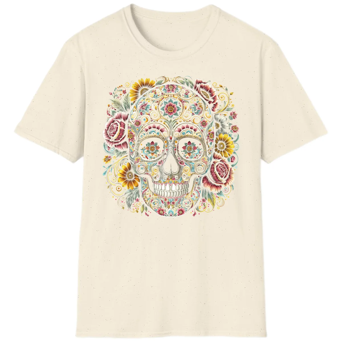 Intricate Floral Calavera Skull T-Shirt in Natural
