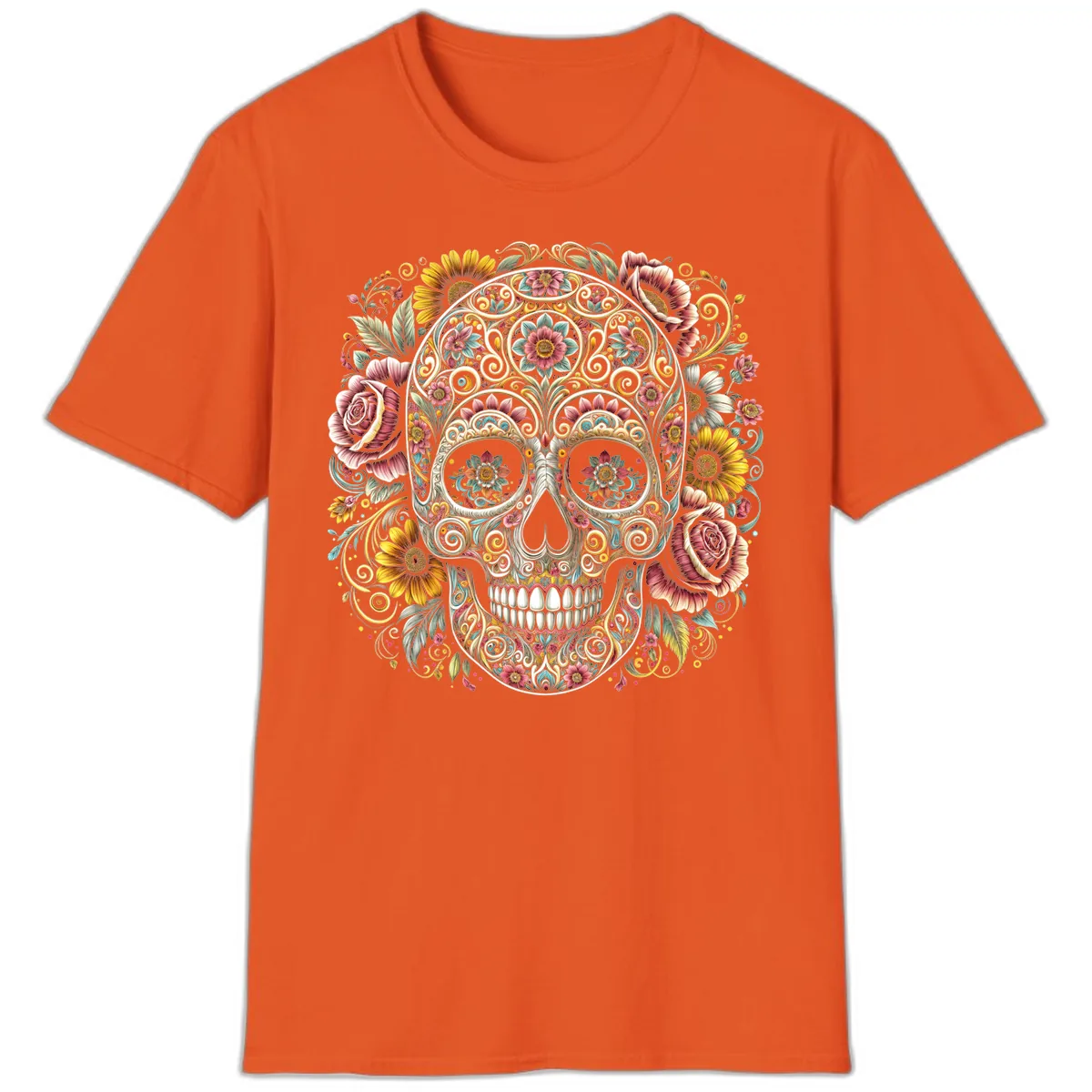Intricate Floral Calavera Skull T-Shirt in Orange