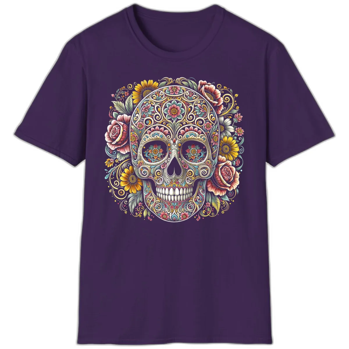 Intricate Floral Calavera Skull T-Shirt in Purple