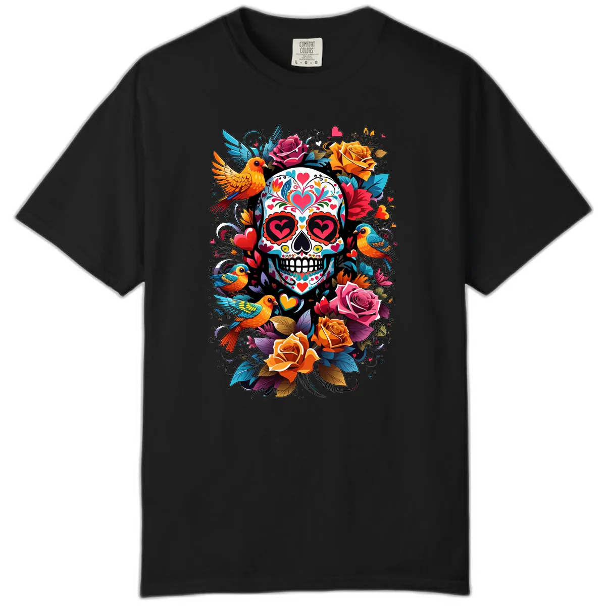 Vibrant Folk Art Sugar Skull with Birds Comfort Color in Black