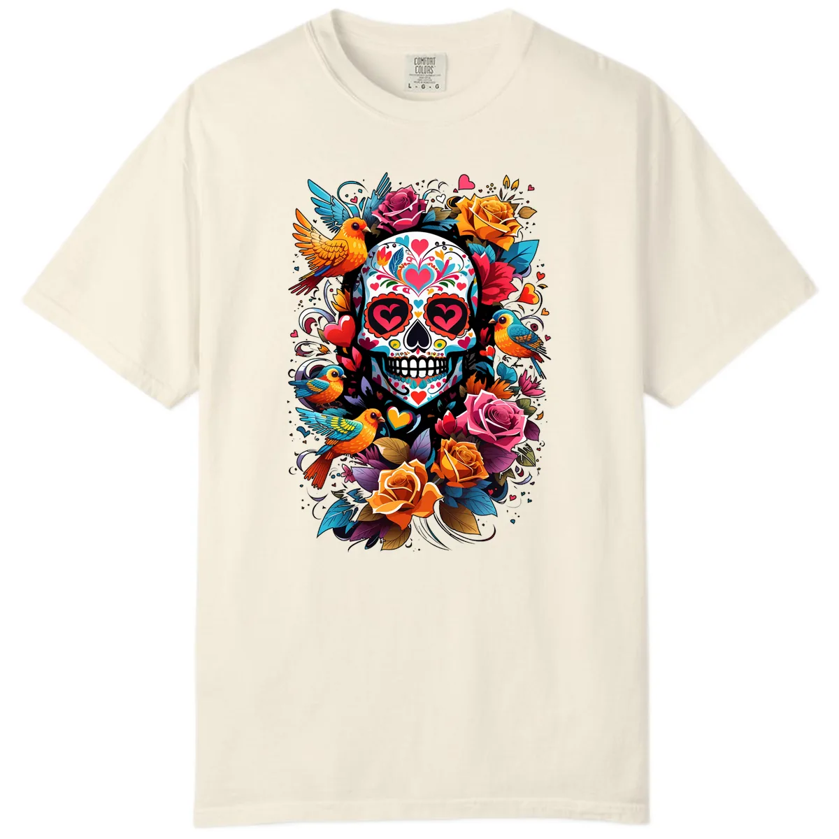 Vibrant Folk Art Sugar Skull with Birds Comfort Color in Ivory
