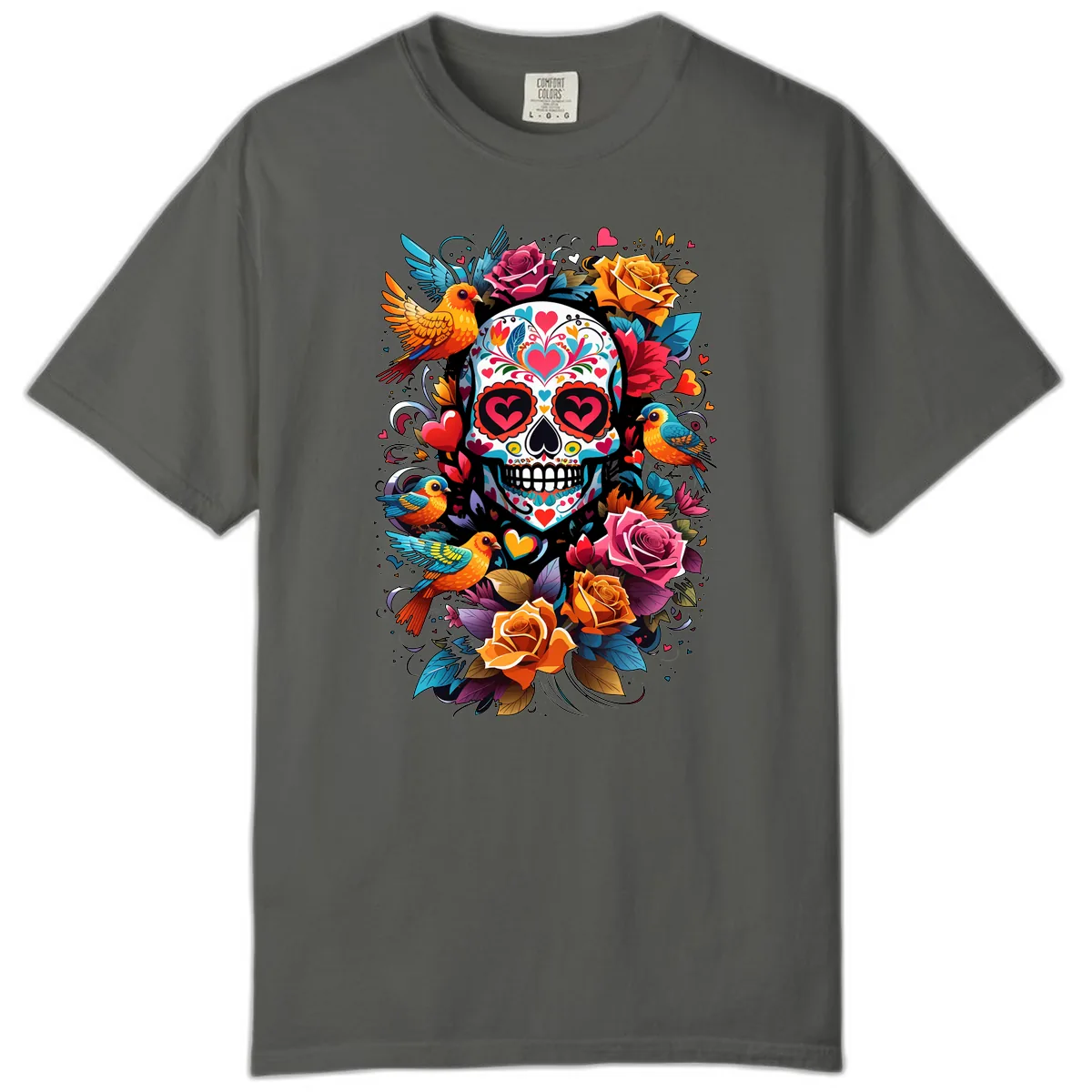Vibrant Folk Art Sugar Skull with Birds Comfort Color in Pepper