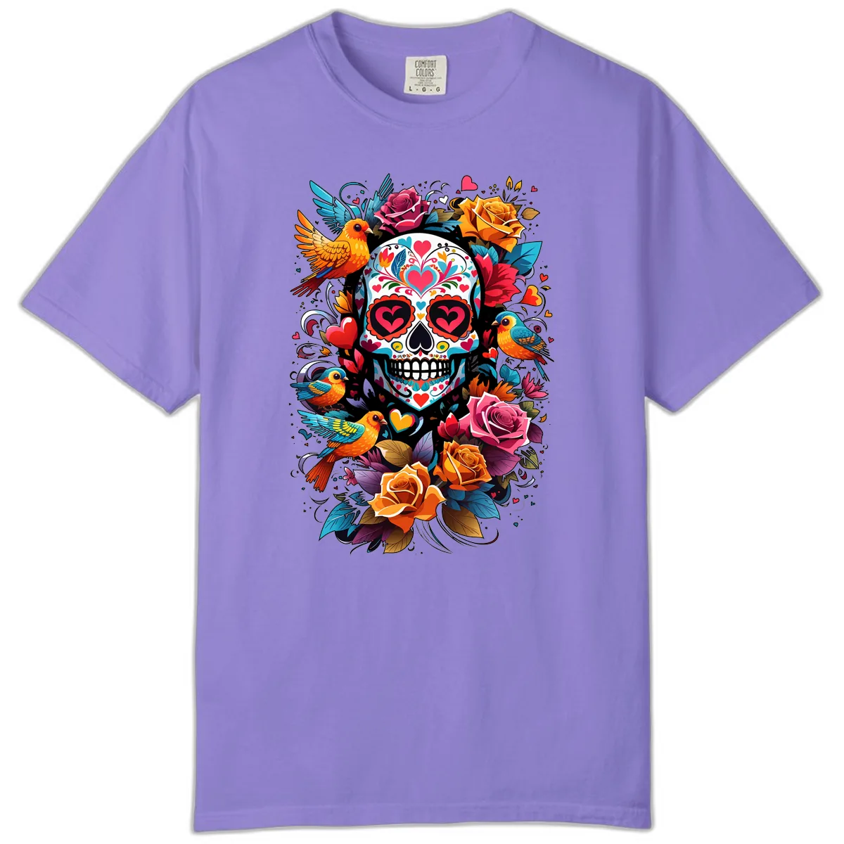 Vibrant Folk Art Sugar Skull with Birds Comfort Color in Violet