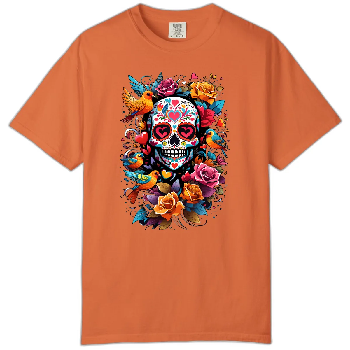 Vibrant Folk Art Sugar Skull with Birds Comfort Color in Burnt Orange