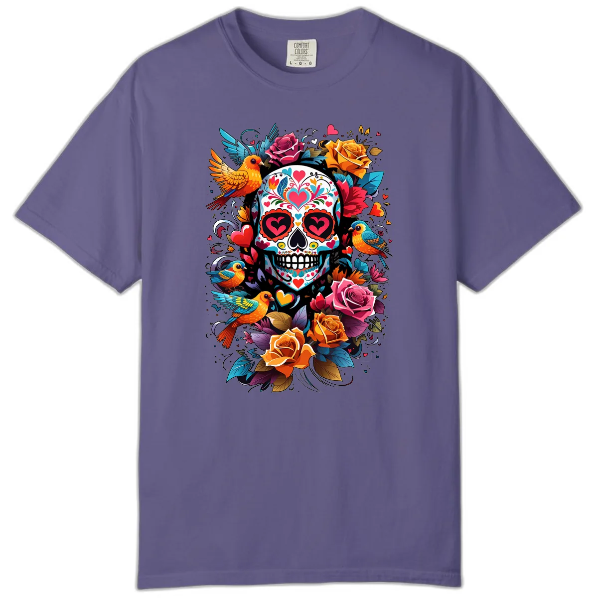Vibrant Folk Art Sugar Skull with Birds Comfort Color in Grape