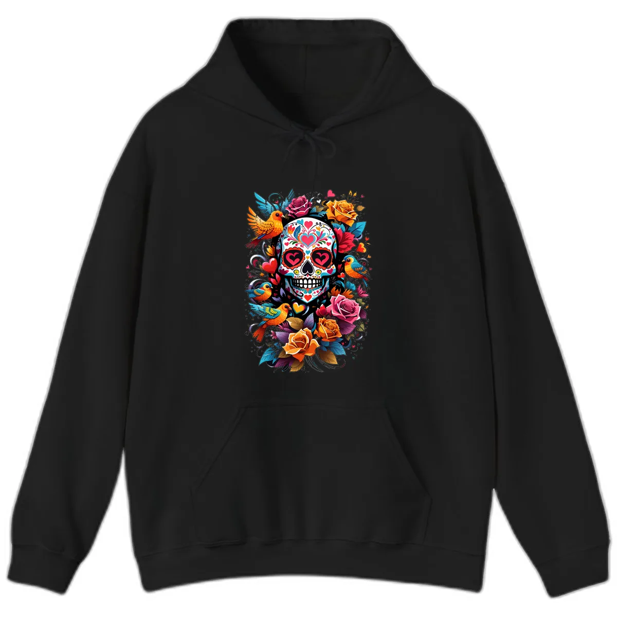Vibrant Folk Art Sugar Skull with Birds Hoodie in Black