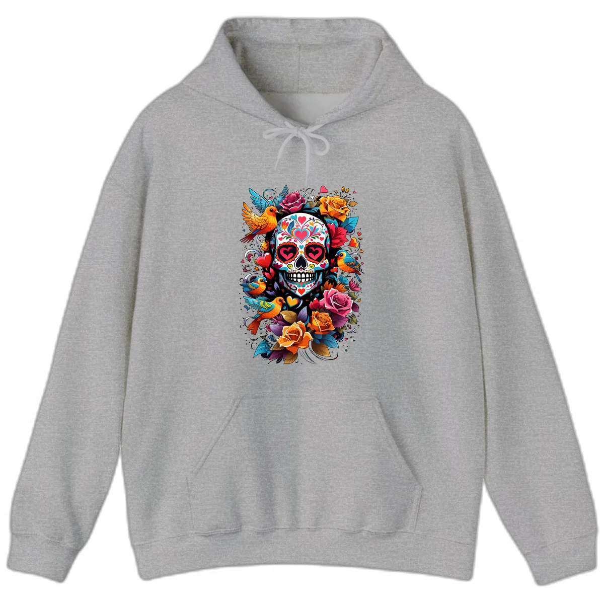 Vibrant Folk Art Sugar Skull with Birds Hoodie in Sport Grey