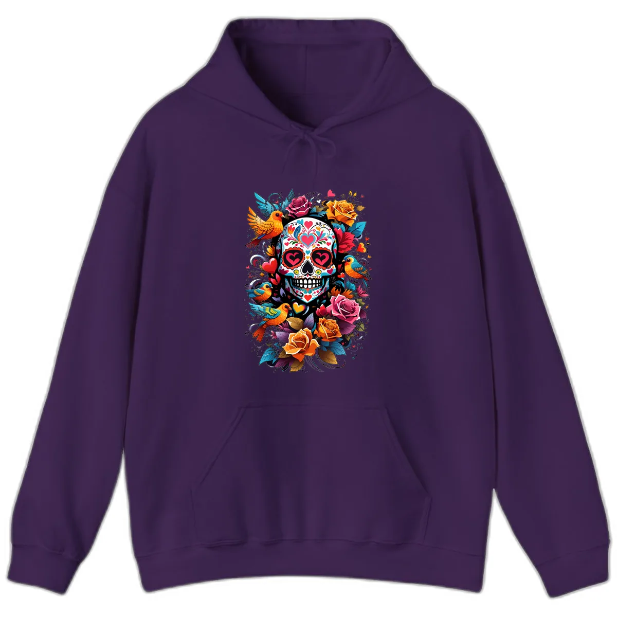 Vibrant Folk Art Sugar Skull with Birds Hoodie in Purple