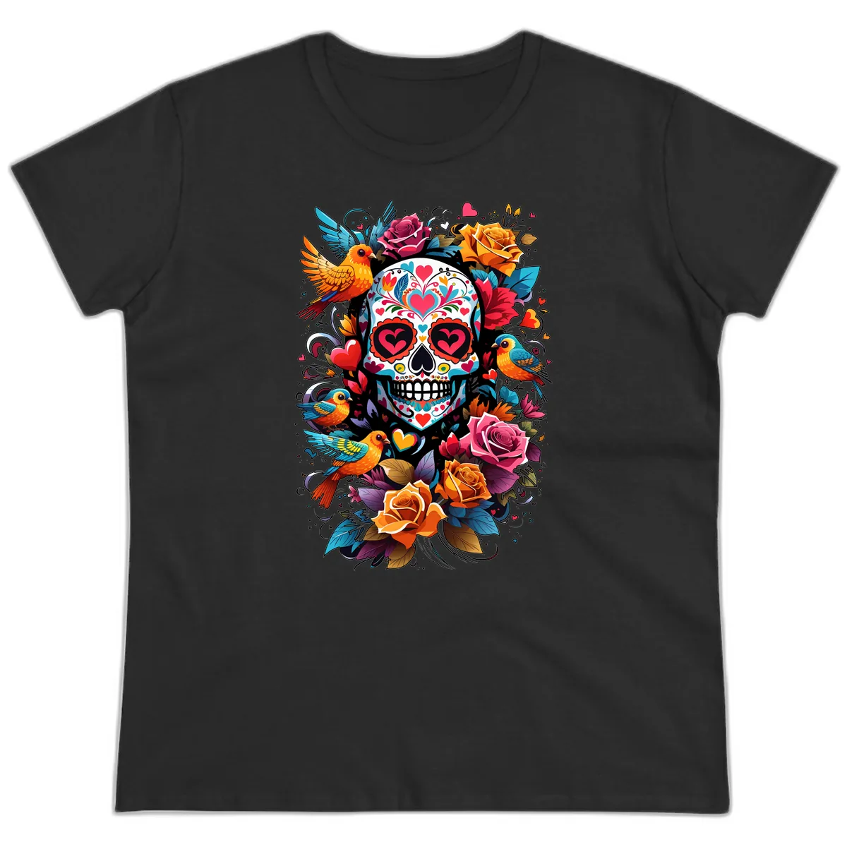 Vibrant Folk Art Sugar Skull with Birds Ladies Tee in Black