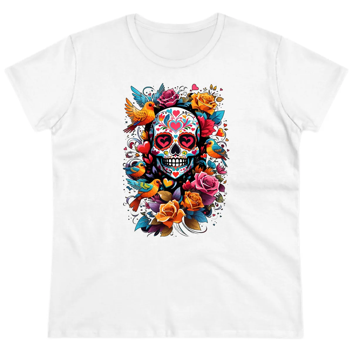Vibrant Folk Art Sugar Skull with Birds Ladies Tee in White