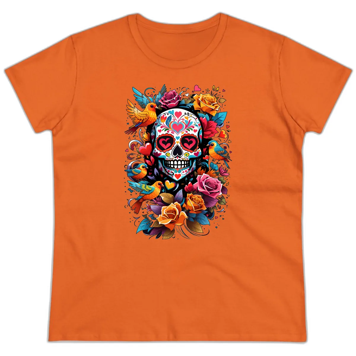 Vibrant Folk Art Sugar Skull with Birds Ladies Tee in Orange
