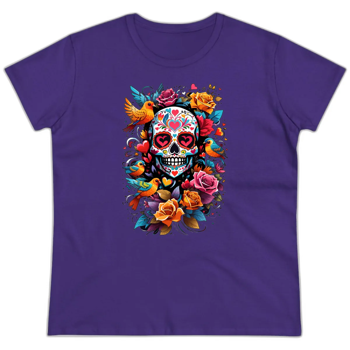 Vibrant Folk Art Sugar Skull with Birds Ladies Tee in Purple