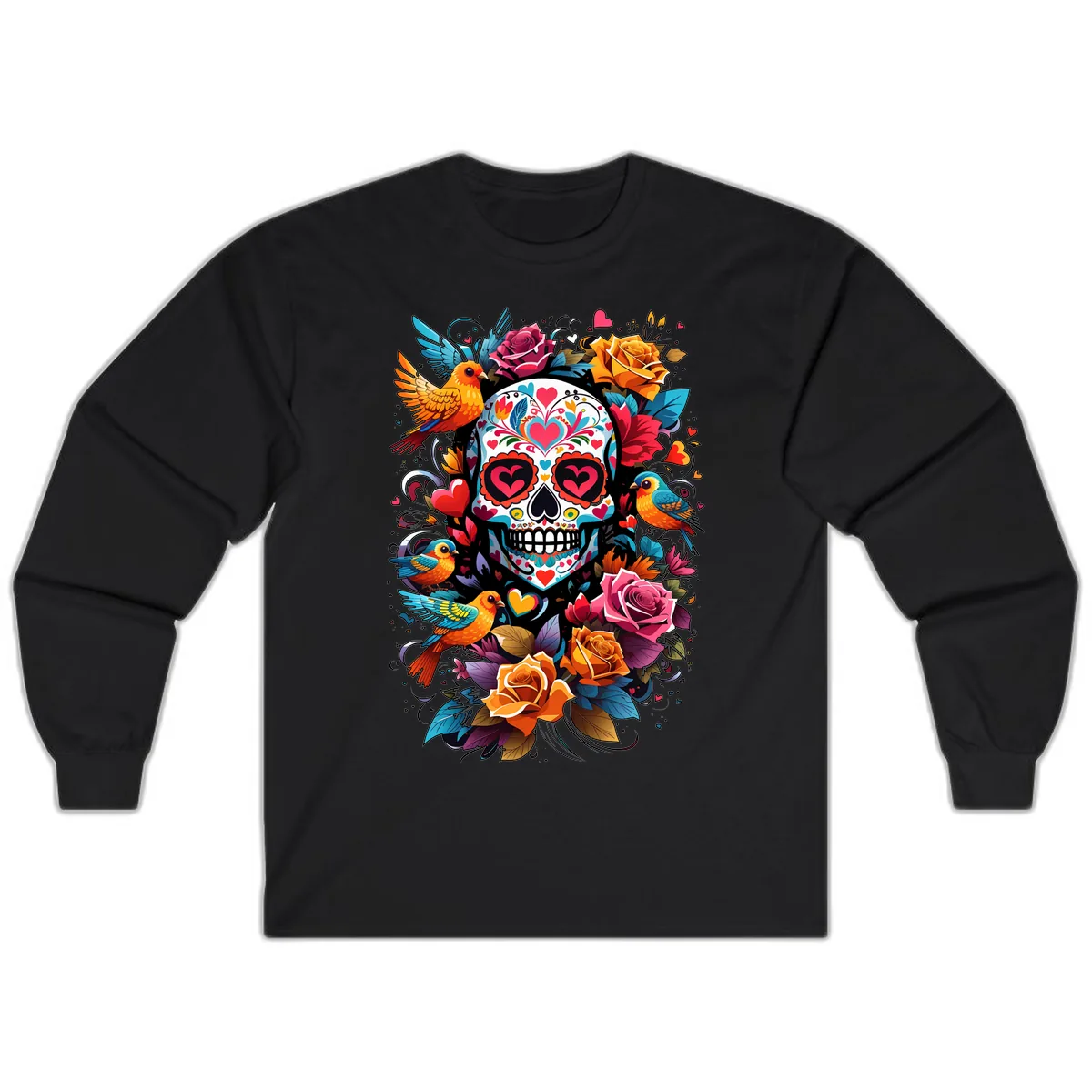 Vibrant Folk Art Sugar Skull with Birds Long Sleeve in Black