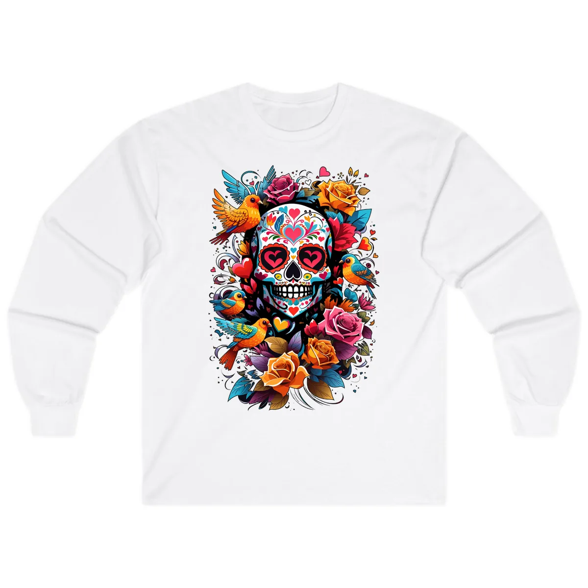 Vibrant Folk Art Sugar Skull with Birds Long Sleeve in White