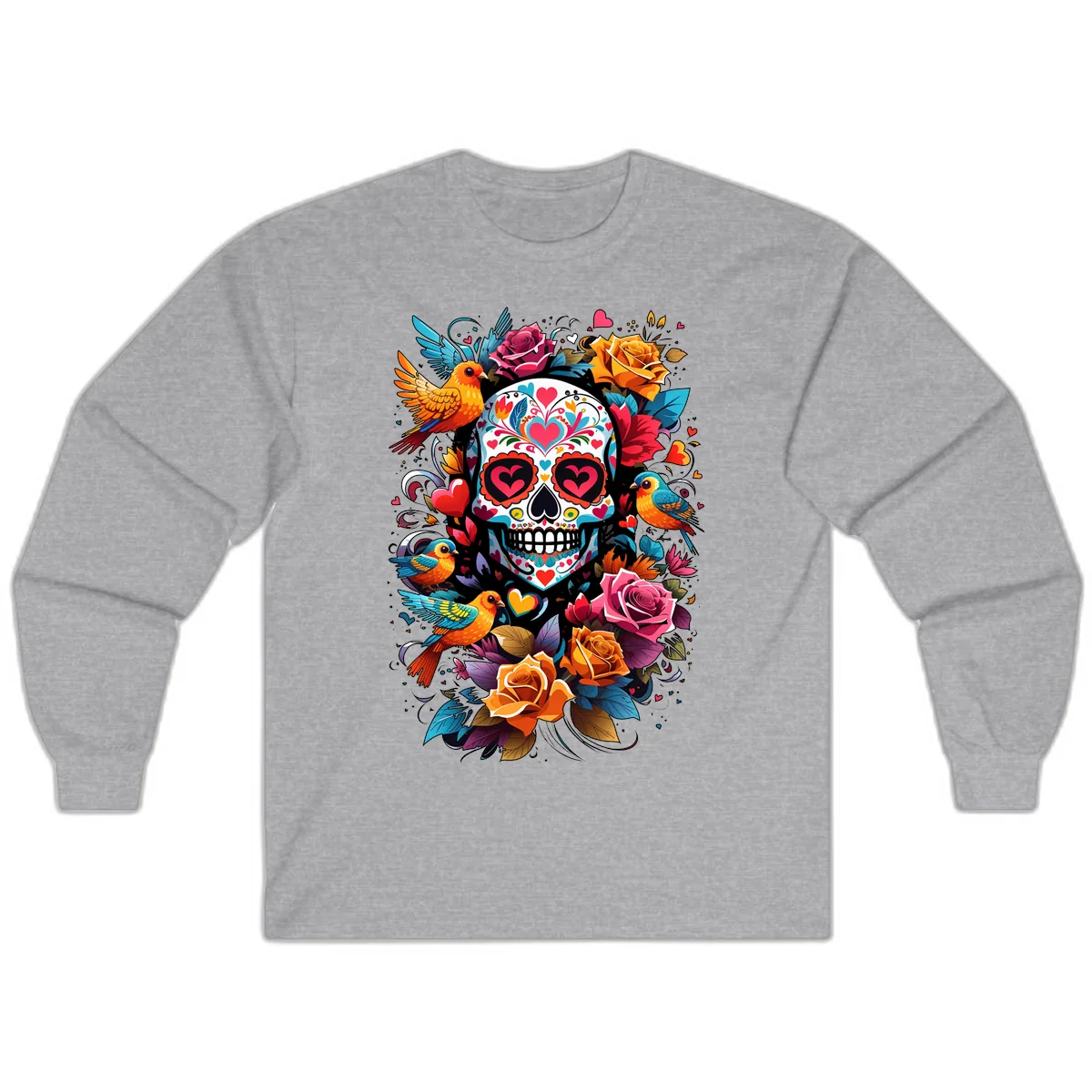 Vibrant Folk Art Sugar Skull with Birds Long Sleeve in Sport Grey