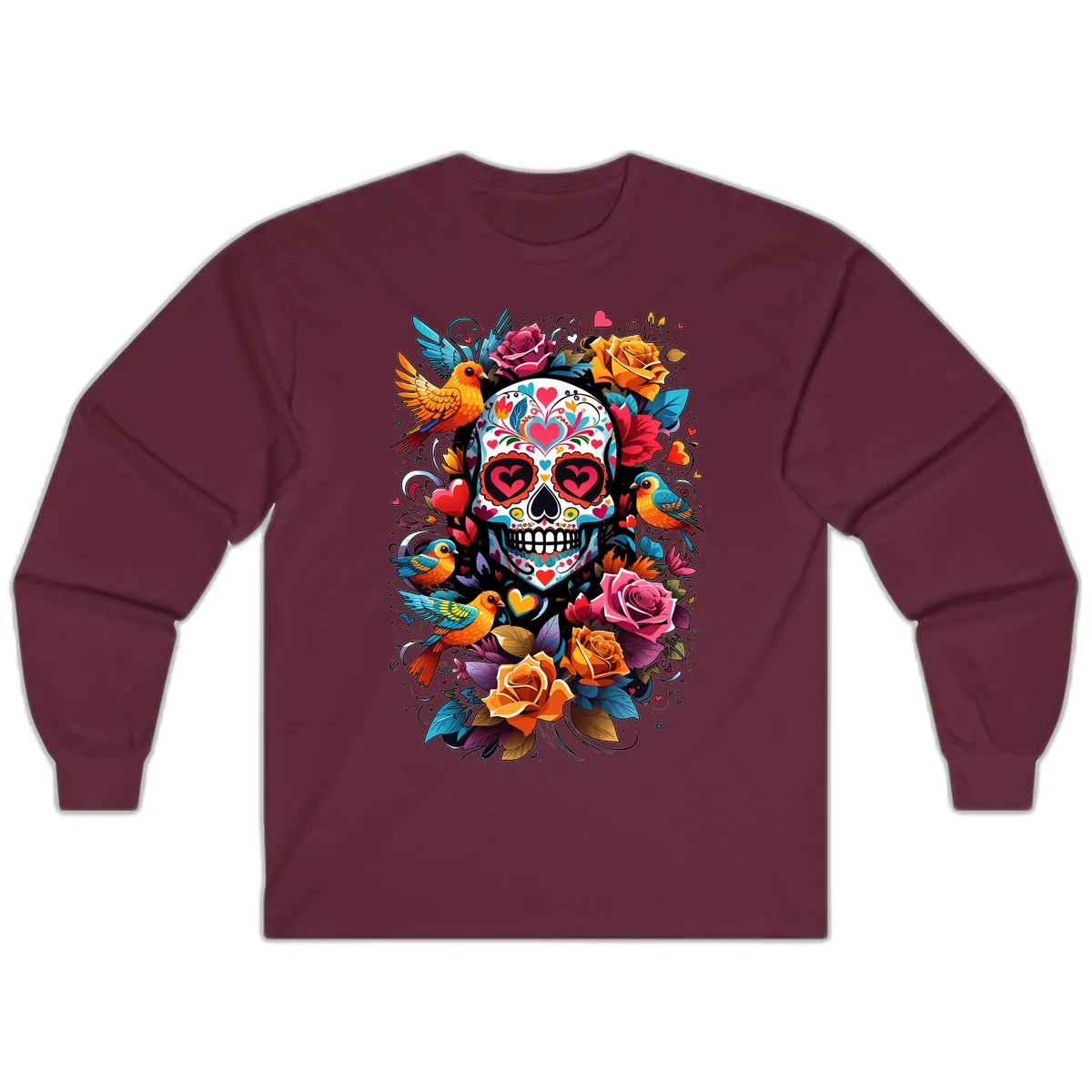 Vibrant Folk Art Sugar Skull with Birds Long Sleeve in Maroon