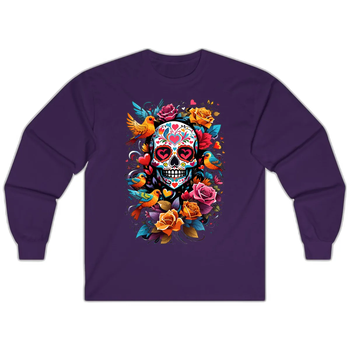 Vibrant Folk Art Sugar Skull with Birds Long Sleeve in Purple