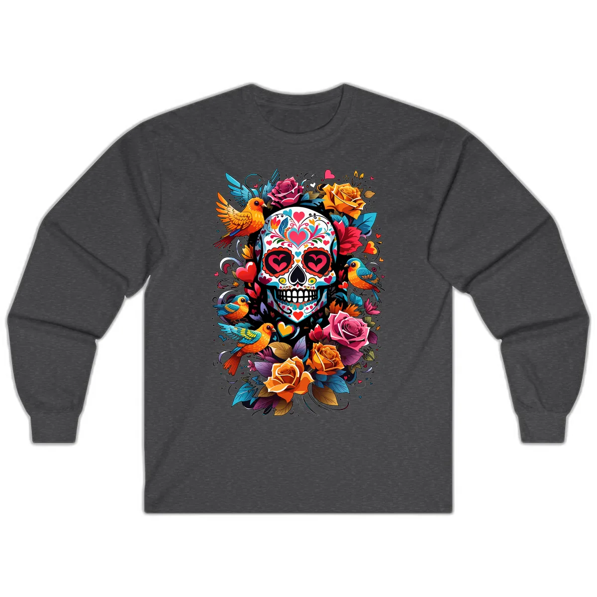 Vibrant Folk Art Sugar Skull with Birds Long Sleeve in Dark Heather