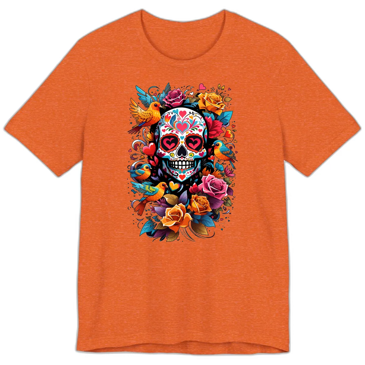 Vibrant Folk Art Sugar Skull with Birds Premium T-Shirt in Heather Orange