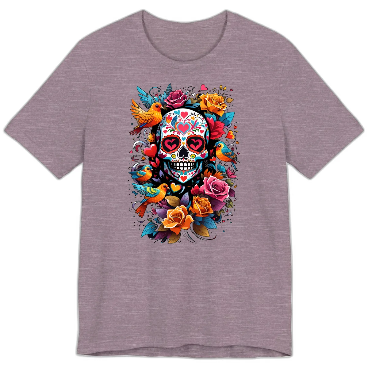 Vibrant Folk Art Sugar Skull with Birds Premium T-Shirt in Heather Purple