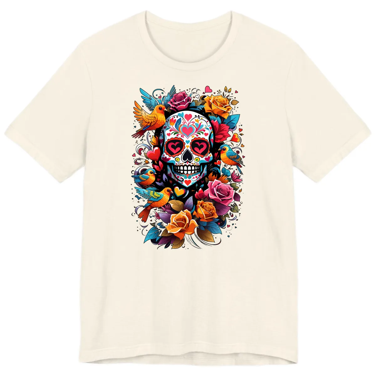 Vibrant Folk Art Sugar Skull with Birds Premium T-Shirt in Natural