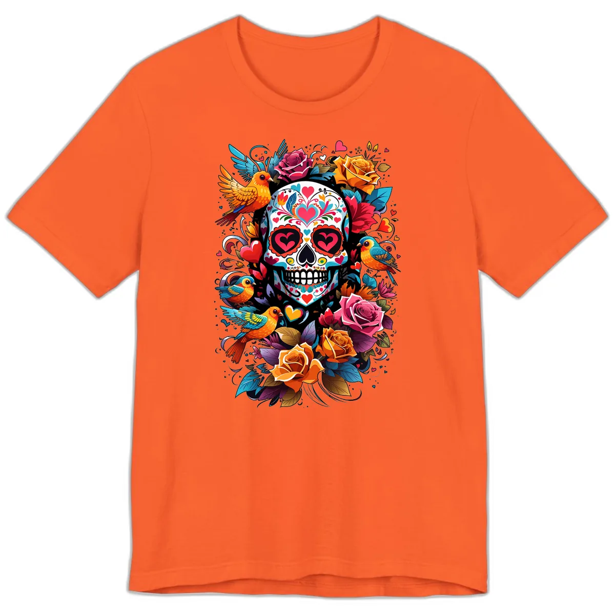Vibrant Folk Art Sugar Skull with Birds Premium T-Shirt in Orange