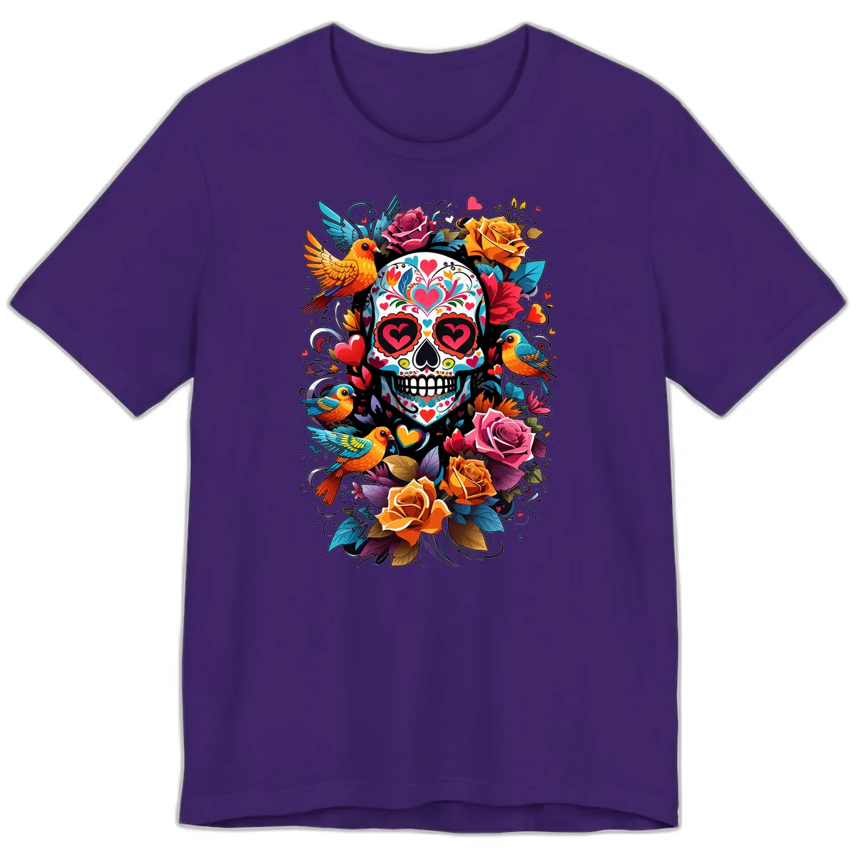 Vibrant Folk Art Sugar Skull with Birds Premium T-Shirt in Team Purple