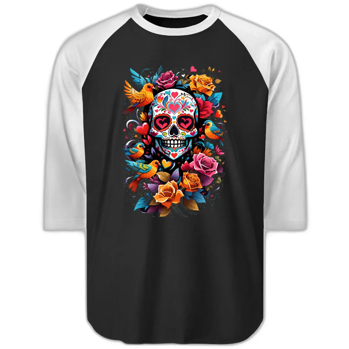 Vibrant Folk Art Sugar Skull with Birds Raglan 3/4 in Black White