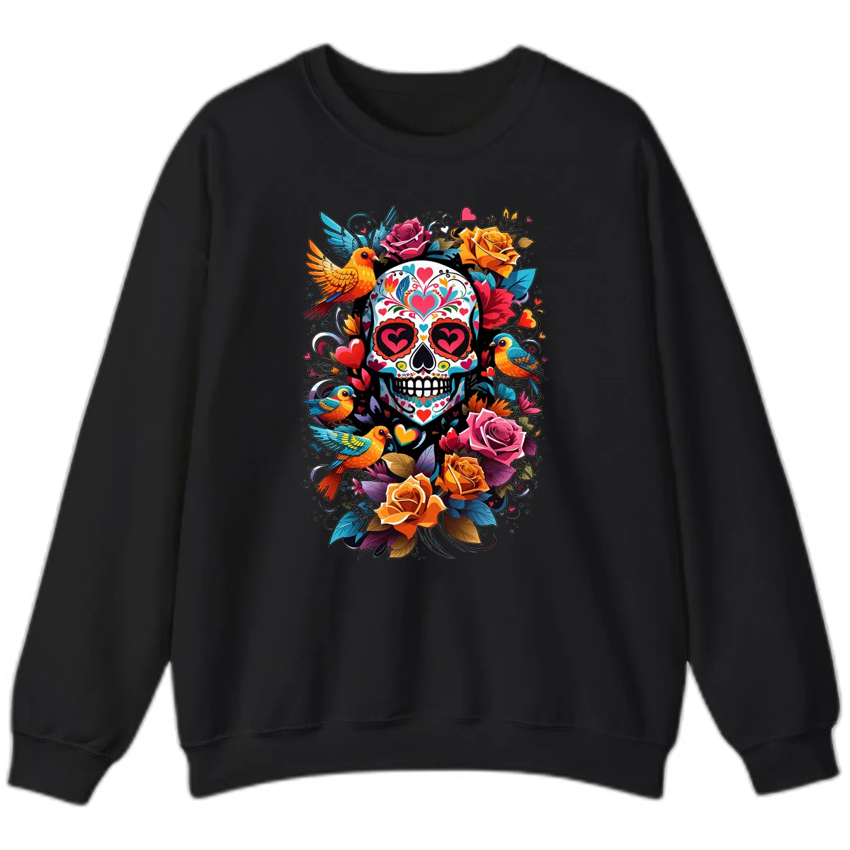 Vibrant Folk Art Sugar Skull with Birds Sweatshirt in Black
