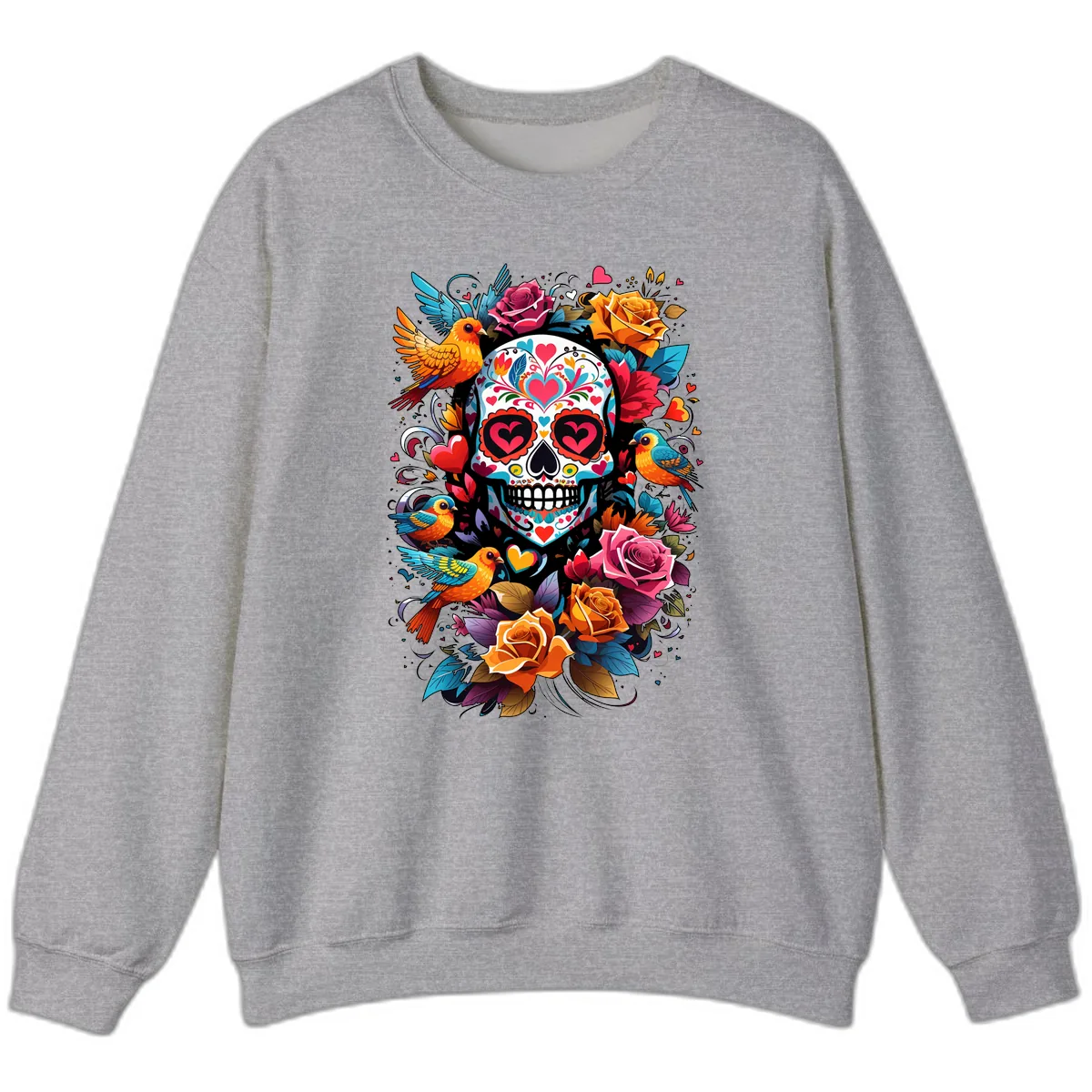 Vibrant Folk Art Sugar Skull with Birds Sweatshirt in Sport Grey