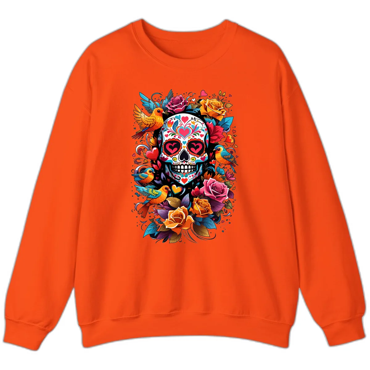 Vibrant Folk Art Sugar Skull with Birds Sweatshirt in Orange