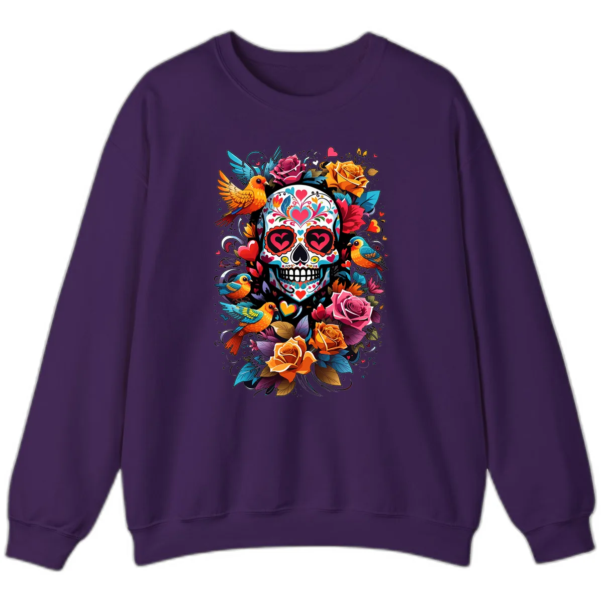 Vibrant Folk Art Sugar Skull with Birds Sweatshirt in Purple
