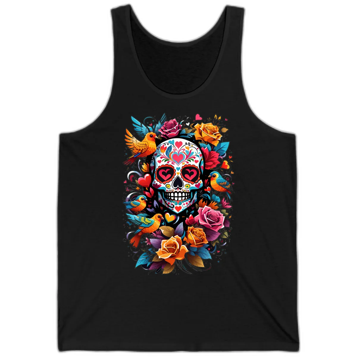 Vibrant Folk Art Sugar Skull with Birds Tank in Black