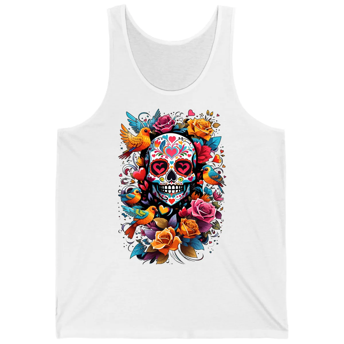 Vibrant Folk Art Sugar Skull with Birds Tank in White