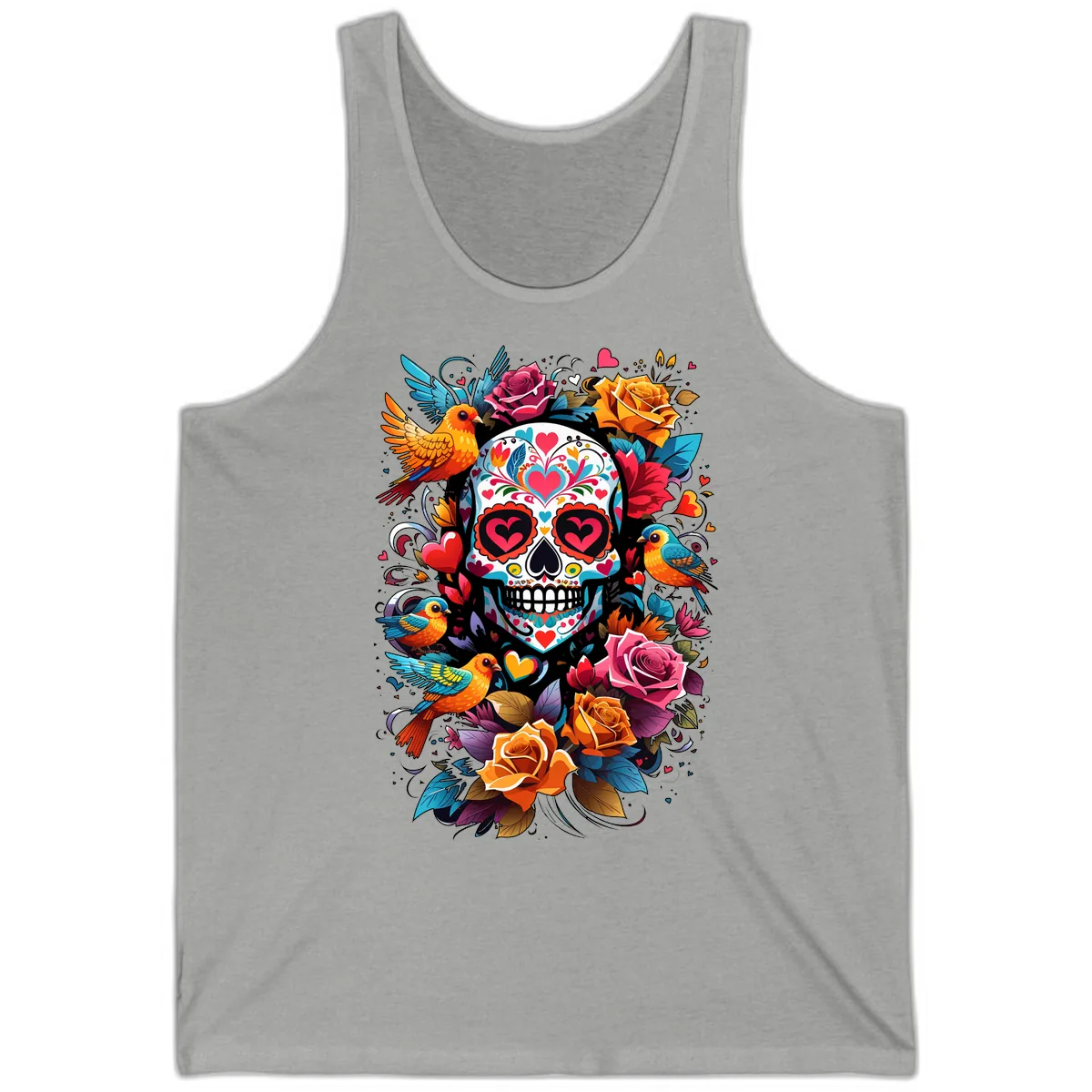 Vibrant Folk Art Sugar Skull with Birds Tank in Athletic Heather