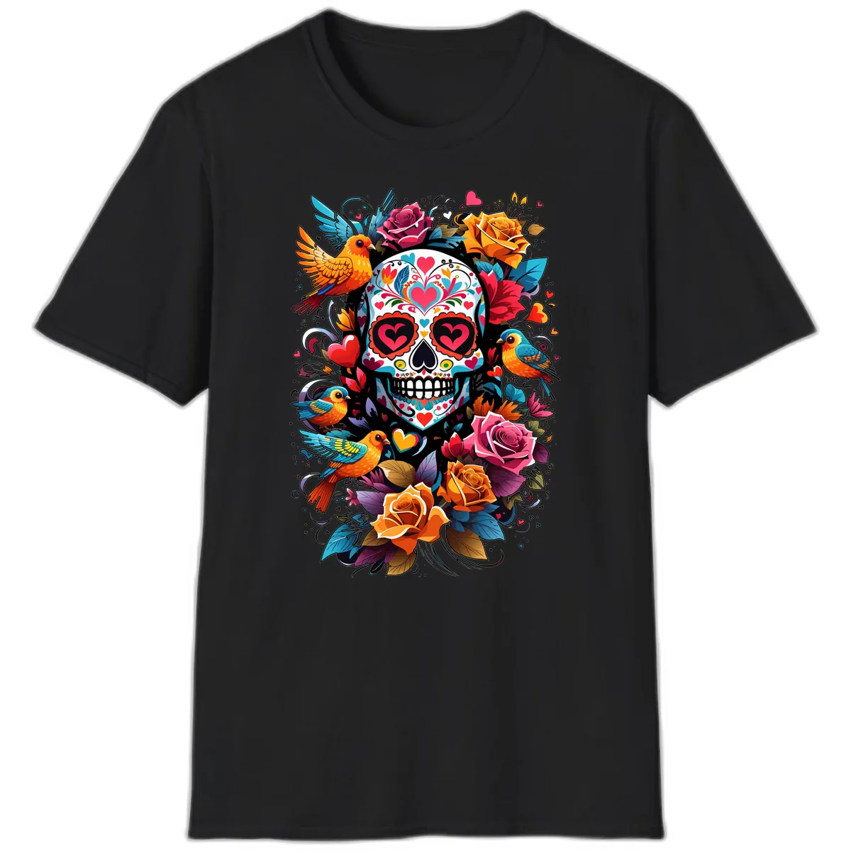 Vibrant Folk Art Sugar Skull with Birds T-Shirt in Black